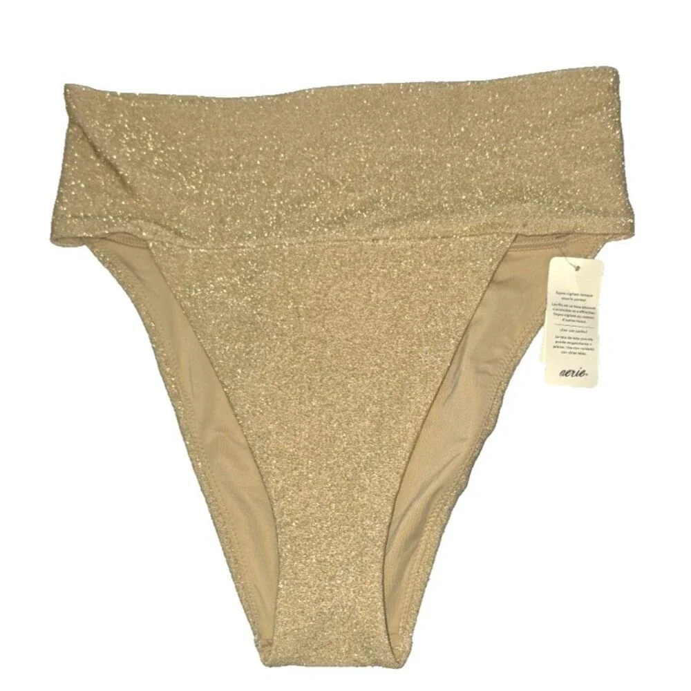 Aerie High Cut Cheeky Swim Bathing Suit Bottom Size Medium M NEW $29.95 Gold